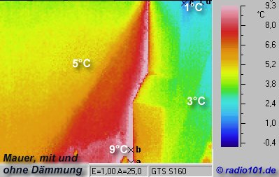 Infrarouge image: wall with and without heat insulation - Thermographic picture - Infrarouge photograph